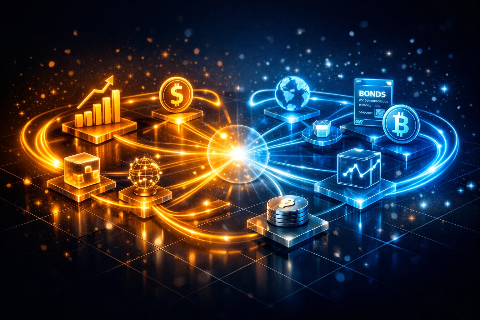 Interconnected network visualization showing Total Portfolio Approach for institutional investors