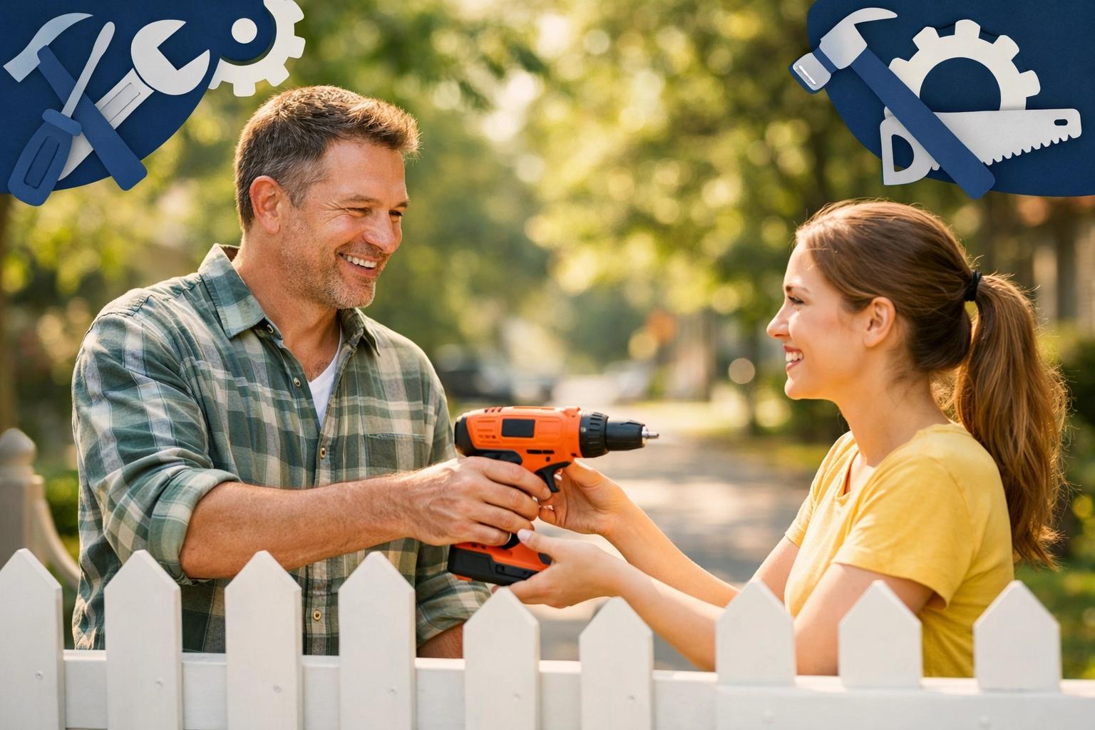 Neighbors sharing a power drill across a suburban fence, building community through tool rental.