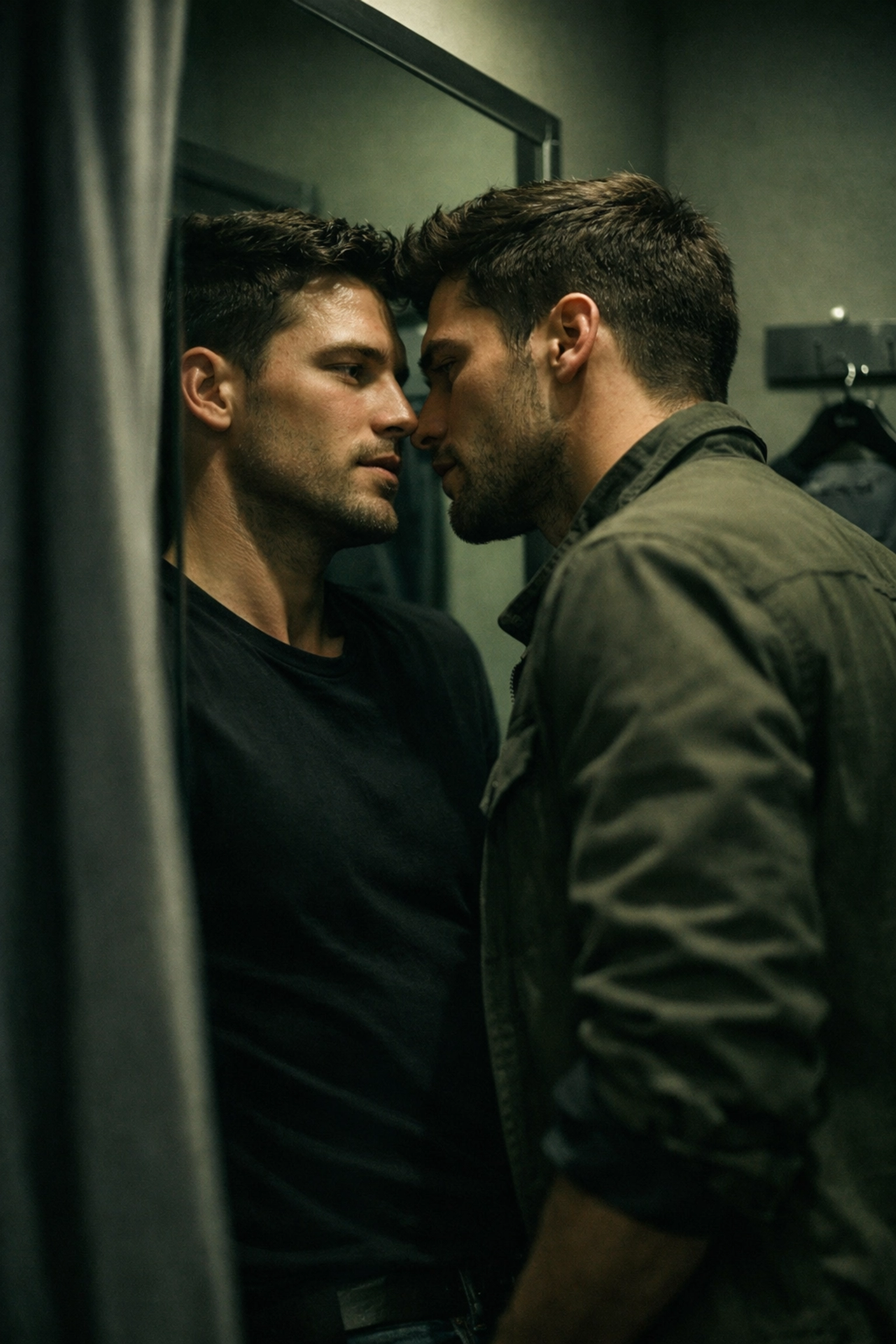 Two men sharing intimate moment in retail changing room, MM romance forbidden encounter