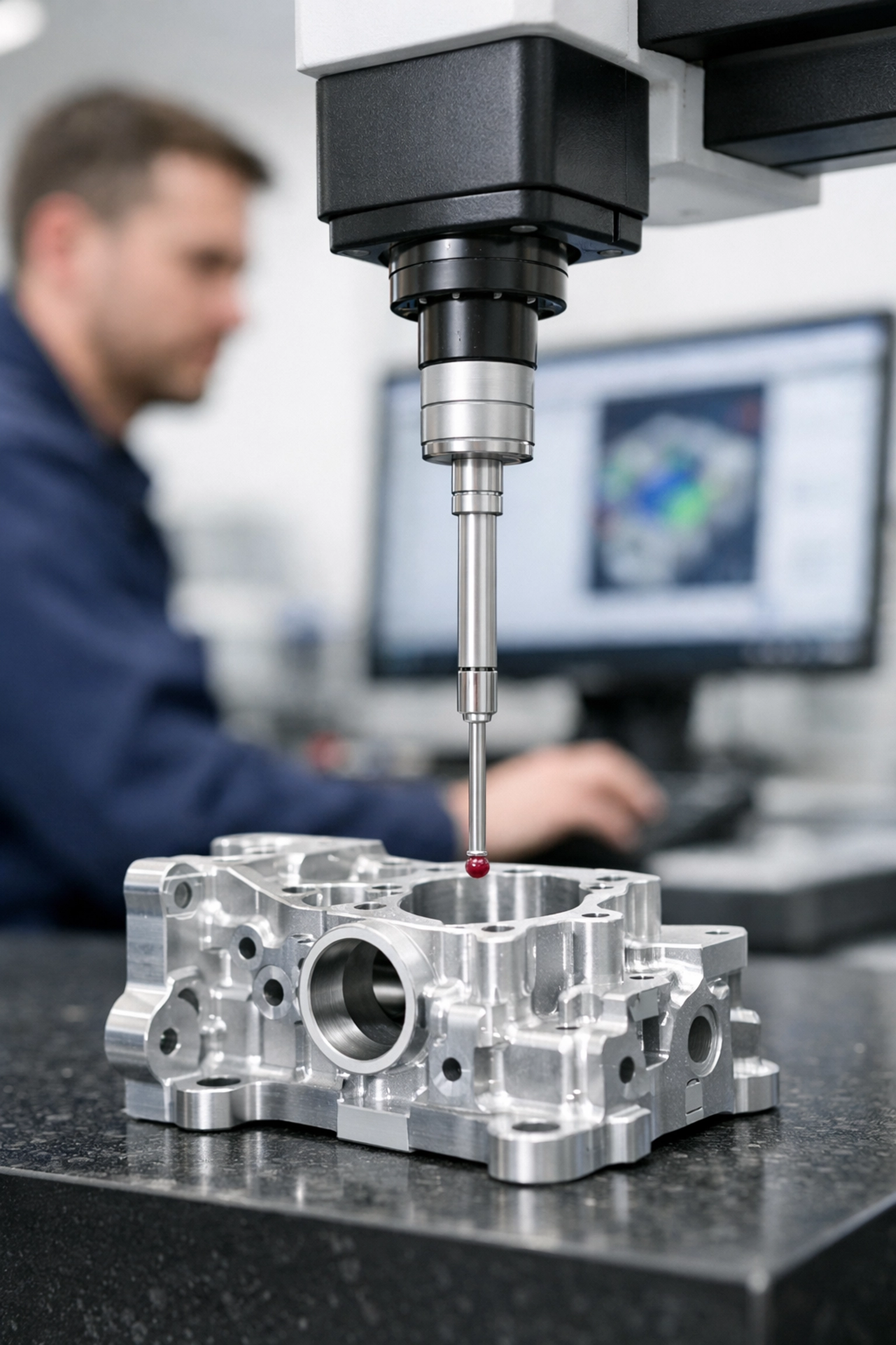 Technician using a CMM machine for aerospace quality control, illustrating precision required for CMMC readiness.