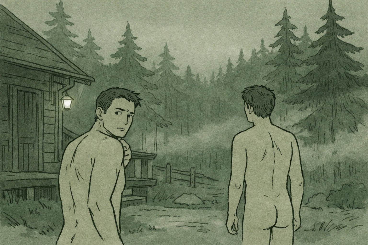 Two men at secluded naturist resort showing fear and vulnerability in LGBTQ+ horror thriller setting