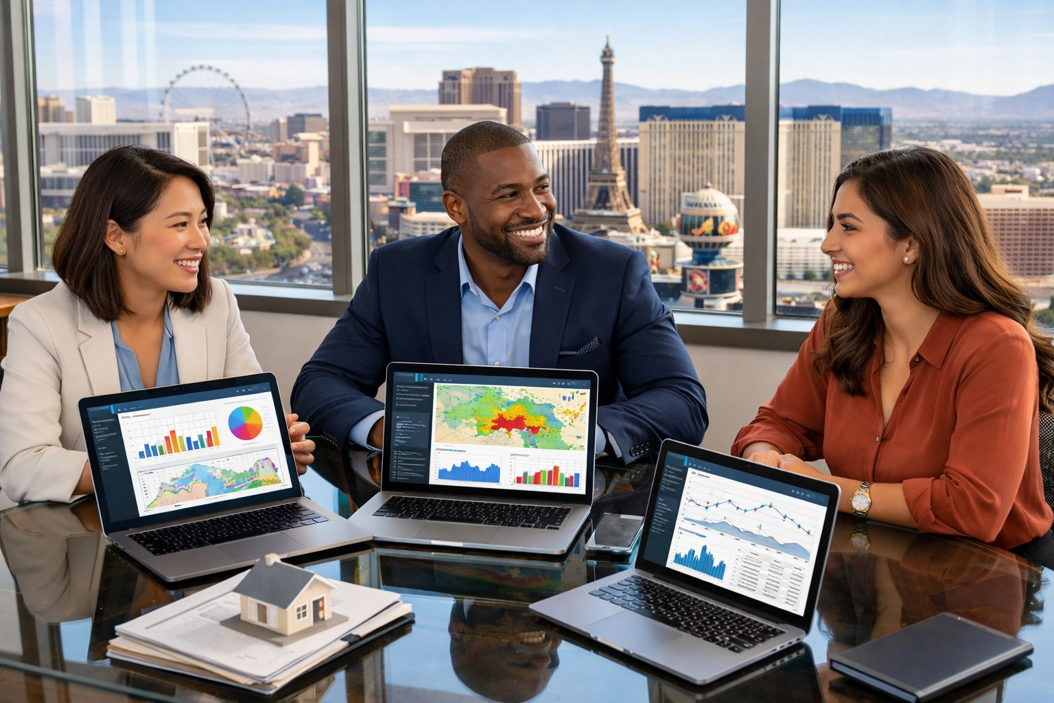 Real estate professionals analyzing Las Vegas market data with AI analytics dashboards