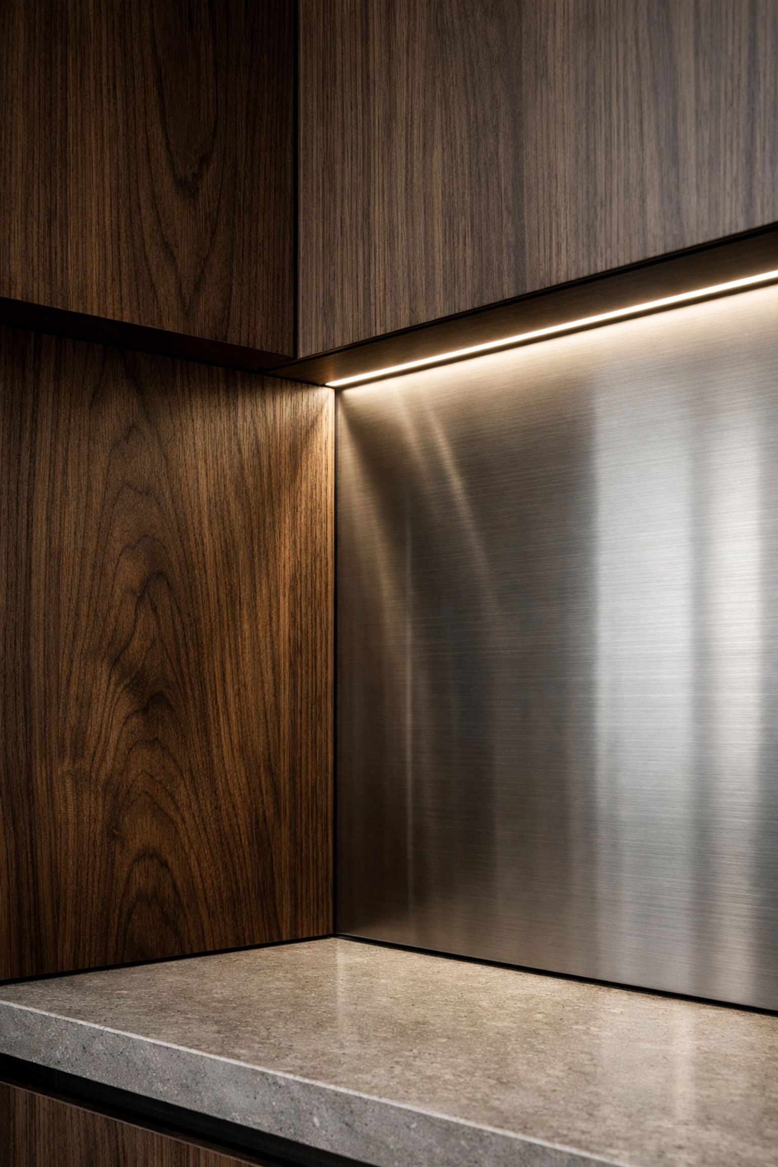 Hidden linear LED lighting highlighting dark walnut cabinetry and a stainless steel backsplash.