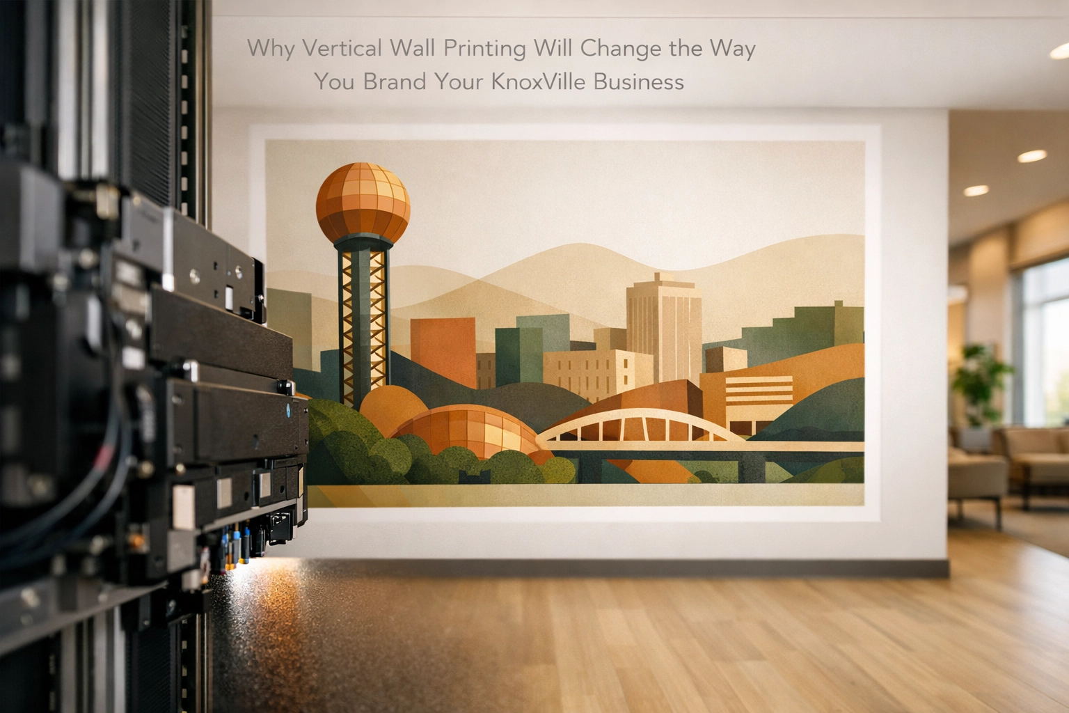Vertical wall printer installing a custom Knoxville cityscape mural in a modern corporate office lobby.