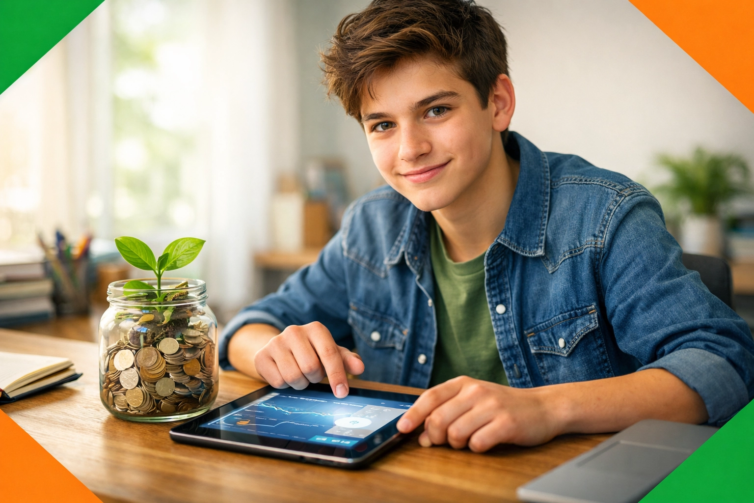 Teenager using a tablet next to a savings jar, learning financial literacy and stewardship.