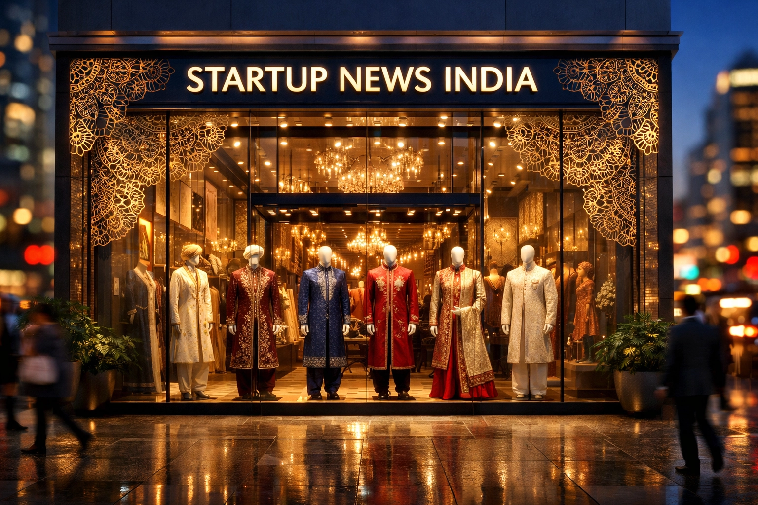 Modern luxury retail storefront for ethnic wear highlighting Indian business updates and brand expansion.