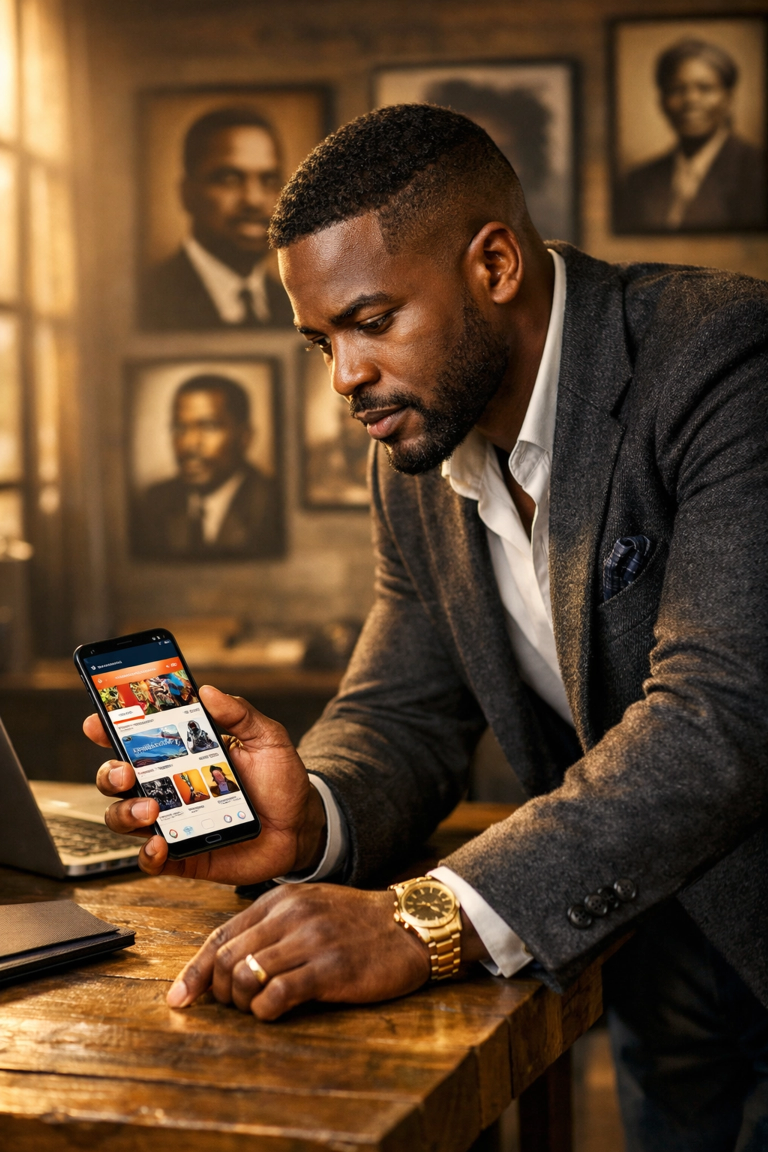 Why Sonny’s Black People of Interest Will Change the Way You Buyblack A Black entrepreneur using his phone to Buyblack on a modern e-commerce marketplace.