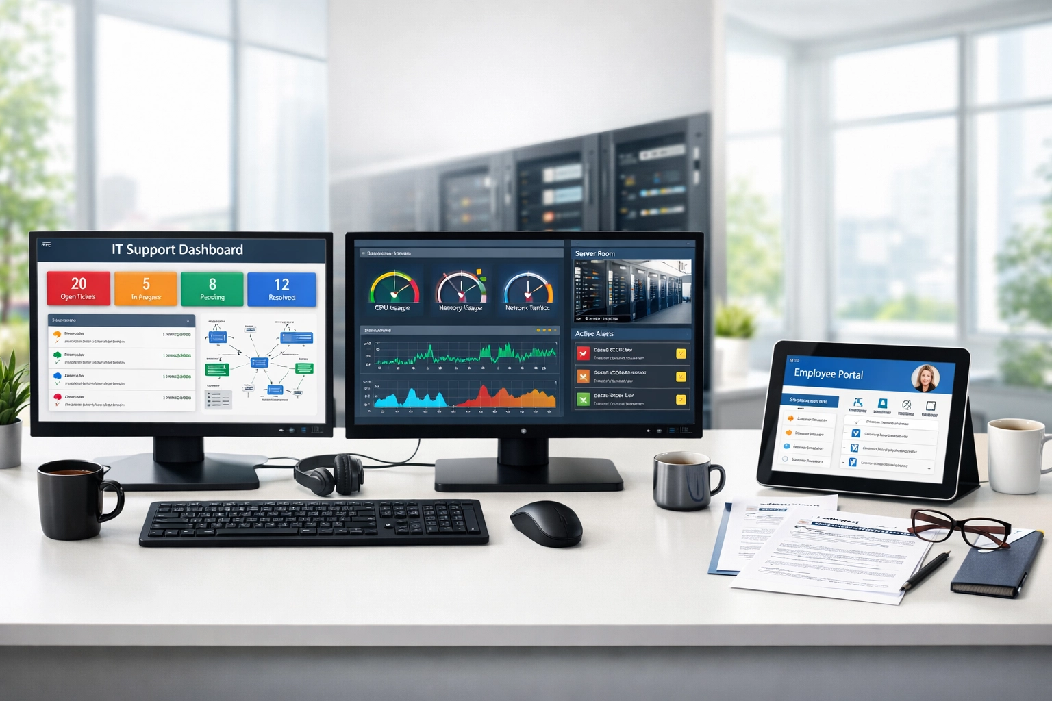 Three ServiceNow module workspaces showing ITSM, ITOM, and HRSD dashboards side by side