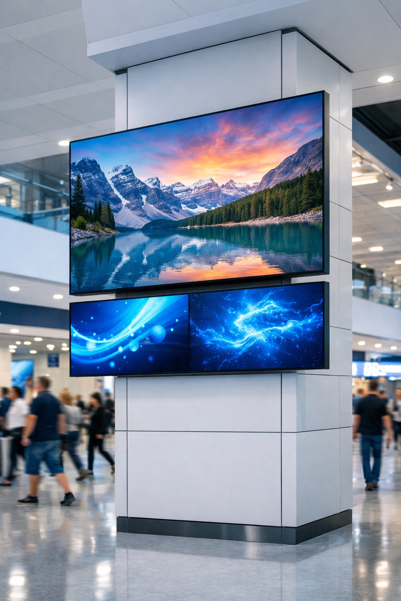 High-tech digital signage screens in a modern arena showcasing Dakdan Worldwide's media distribution network.