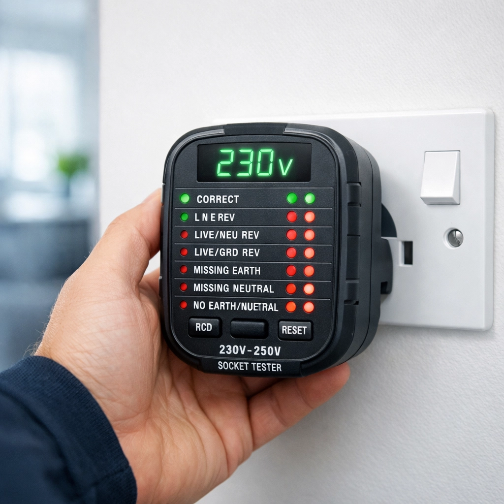 Electrician in Poole using a digital socket tester to perform an electrical safety check on a wall outlet.