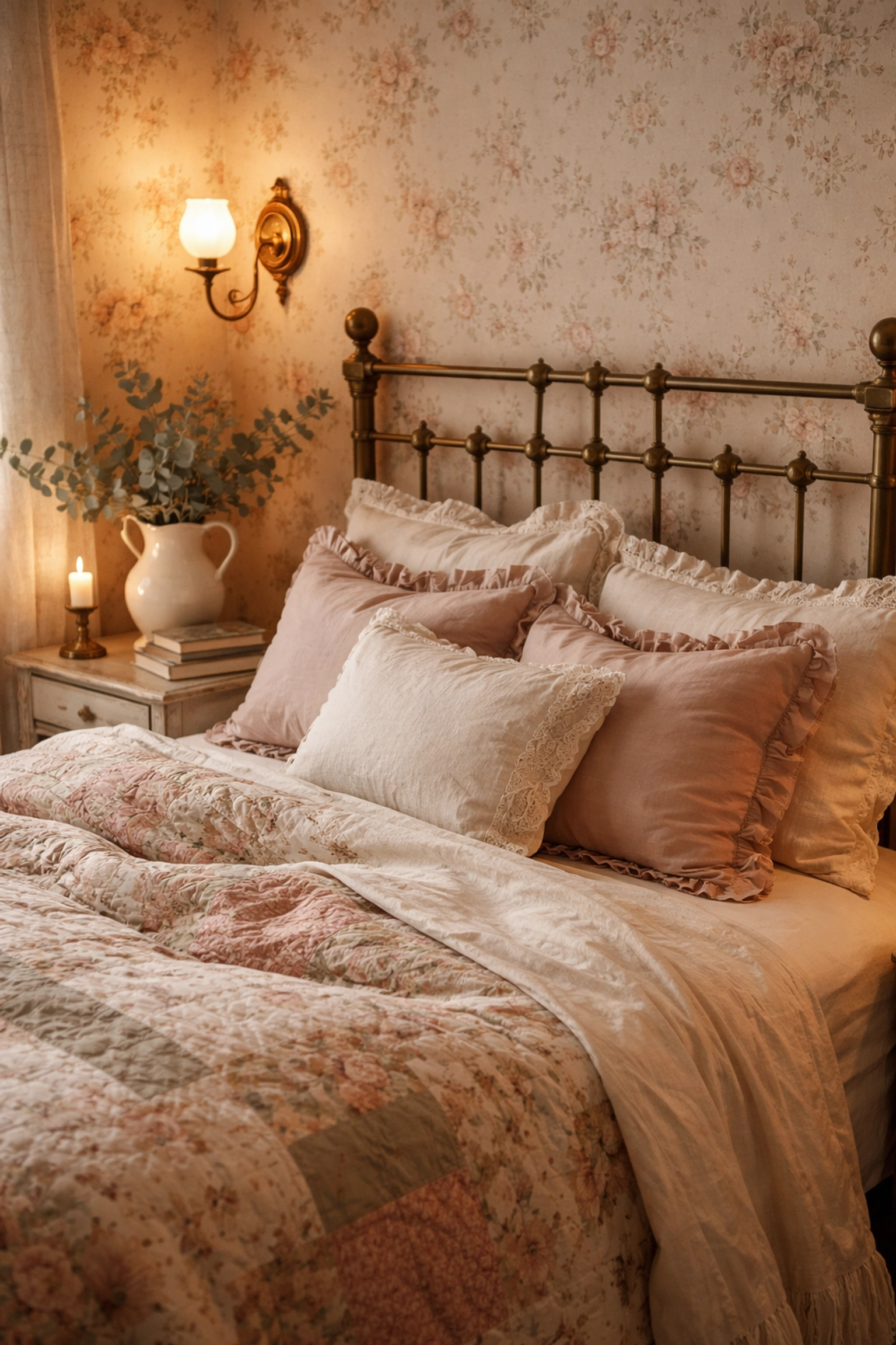 Vintage-inspired bedroom vignette with a brass bed, patchwork quilt, and antique nightstand showcases cozy cottagecore design ideas.