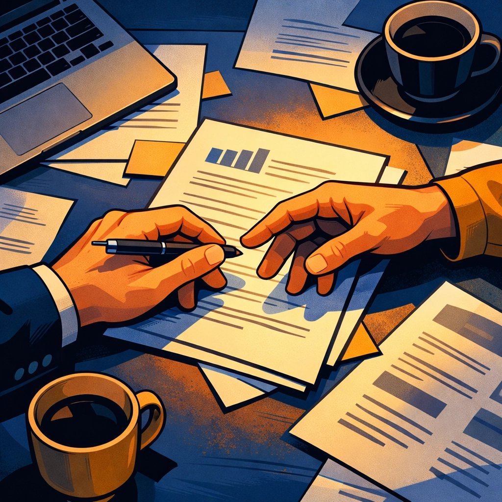 Hands nearly touching across workspace illustrating forced proximity MM romance tension