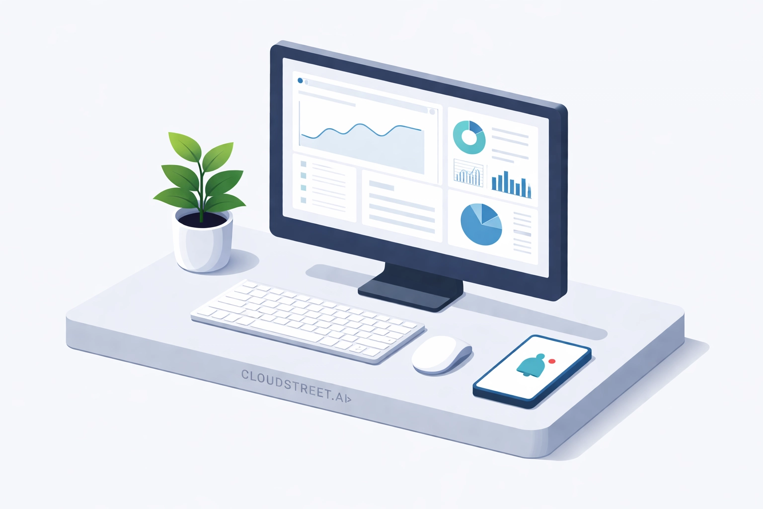 Minimalist workspace with dashboard and phone, highlighting efficient sales productivity for small business teams using integrated tools.