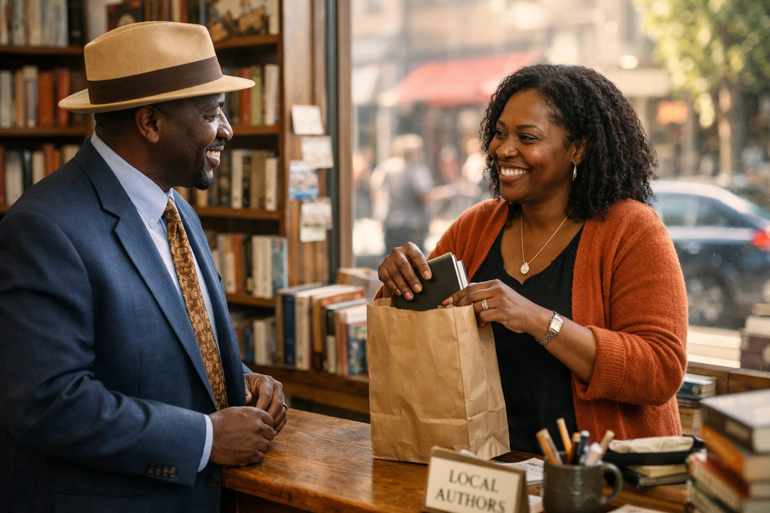 Congregation member shopping at a local Black-owned bookstore to support community economic growth.