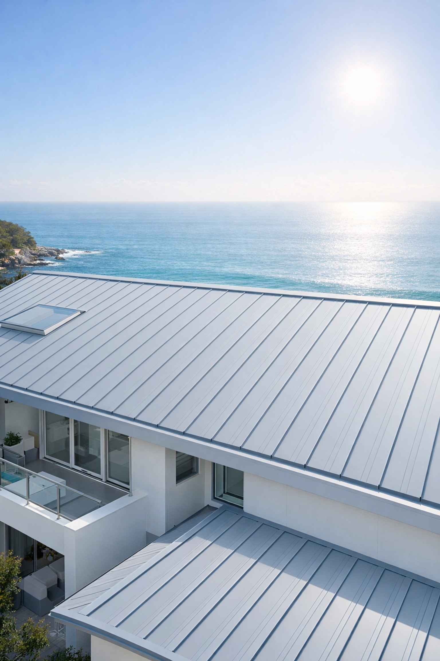 Modern light-grey metal roofing on a Northern Beaches home overlooking the Pacific Ocean.