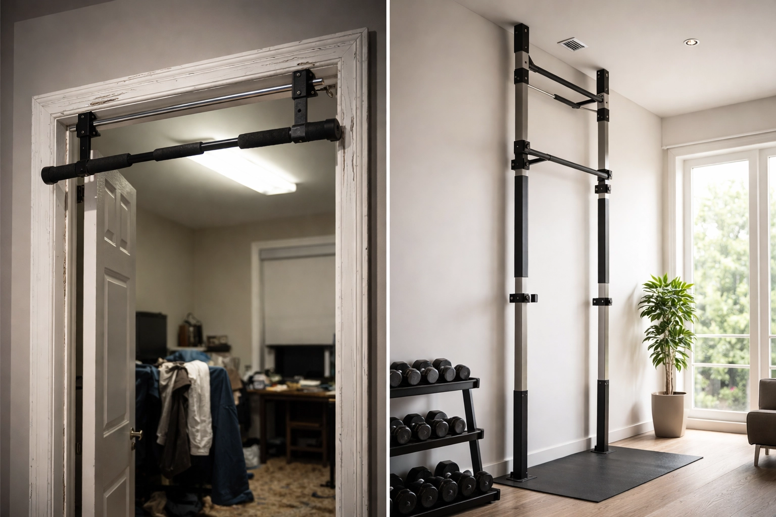 Side-by-side comparison of a flimsy doorframe pull-up bar and a premium floor-to-ceiling fitness rail system