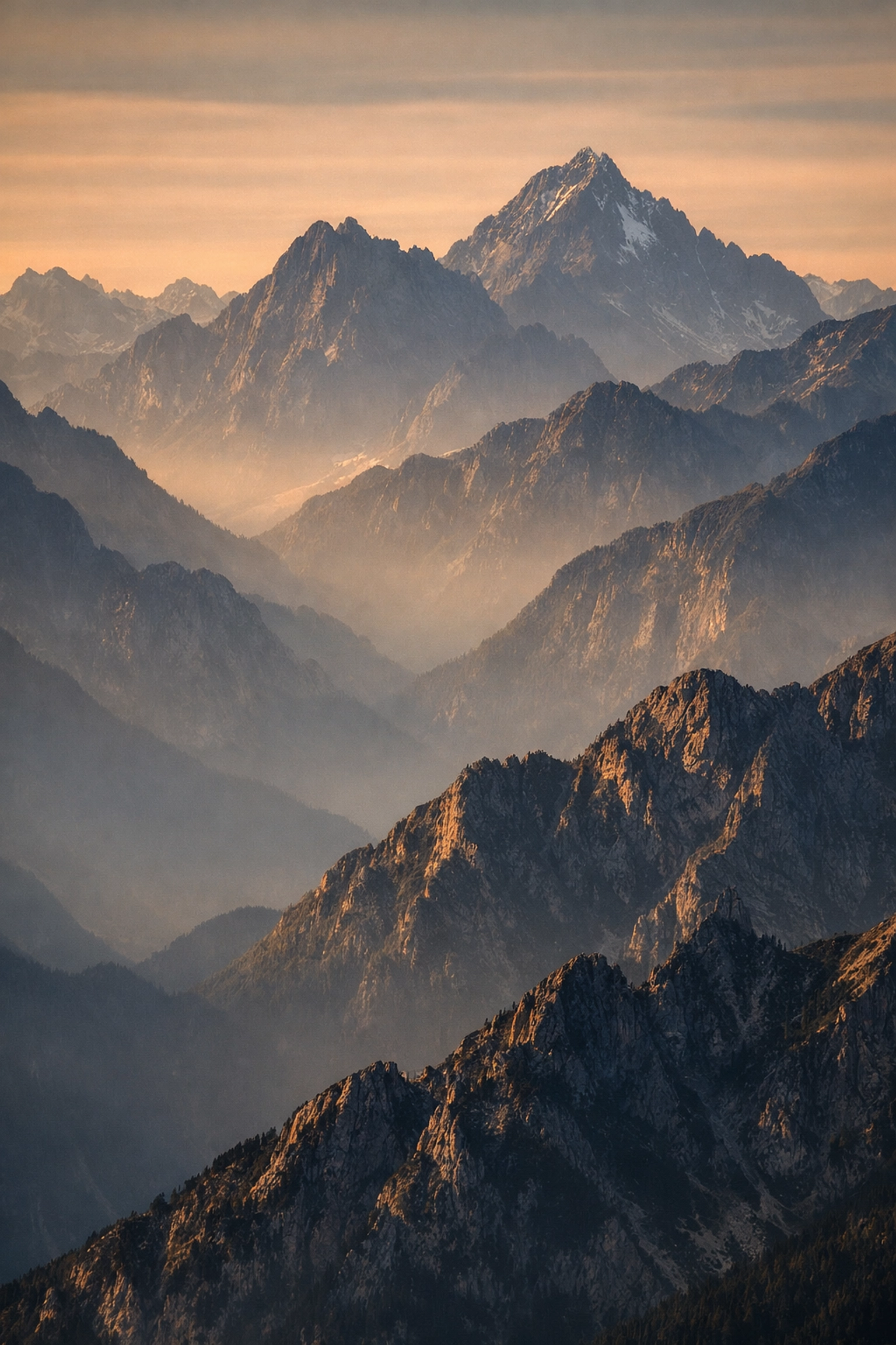 Telephoto lens view of misty mountain layers at golden hour in professional landscape photography.