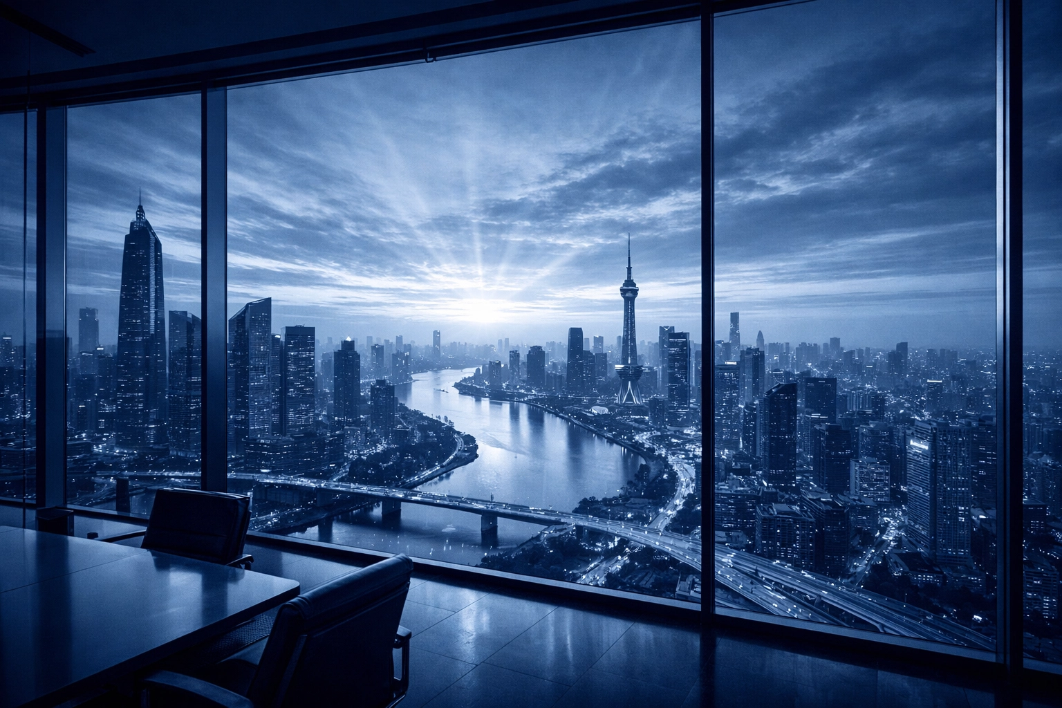 A wide-angle city skyline at dawn, symbolizing business growth and a clear path to cyber resilience.