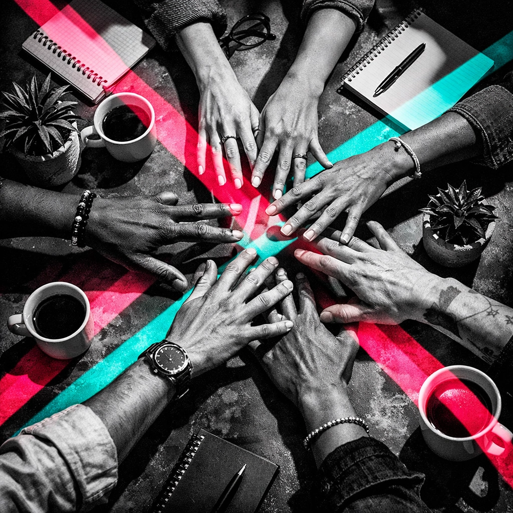 Community building moment with diverse hands reaching together over coffee and conversation