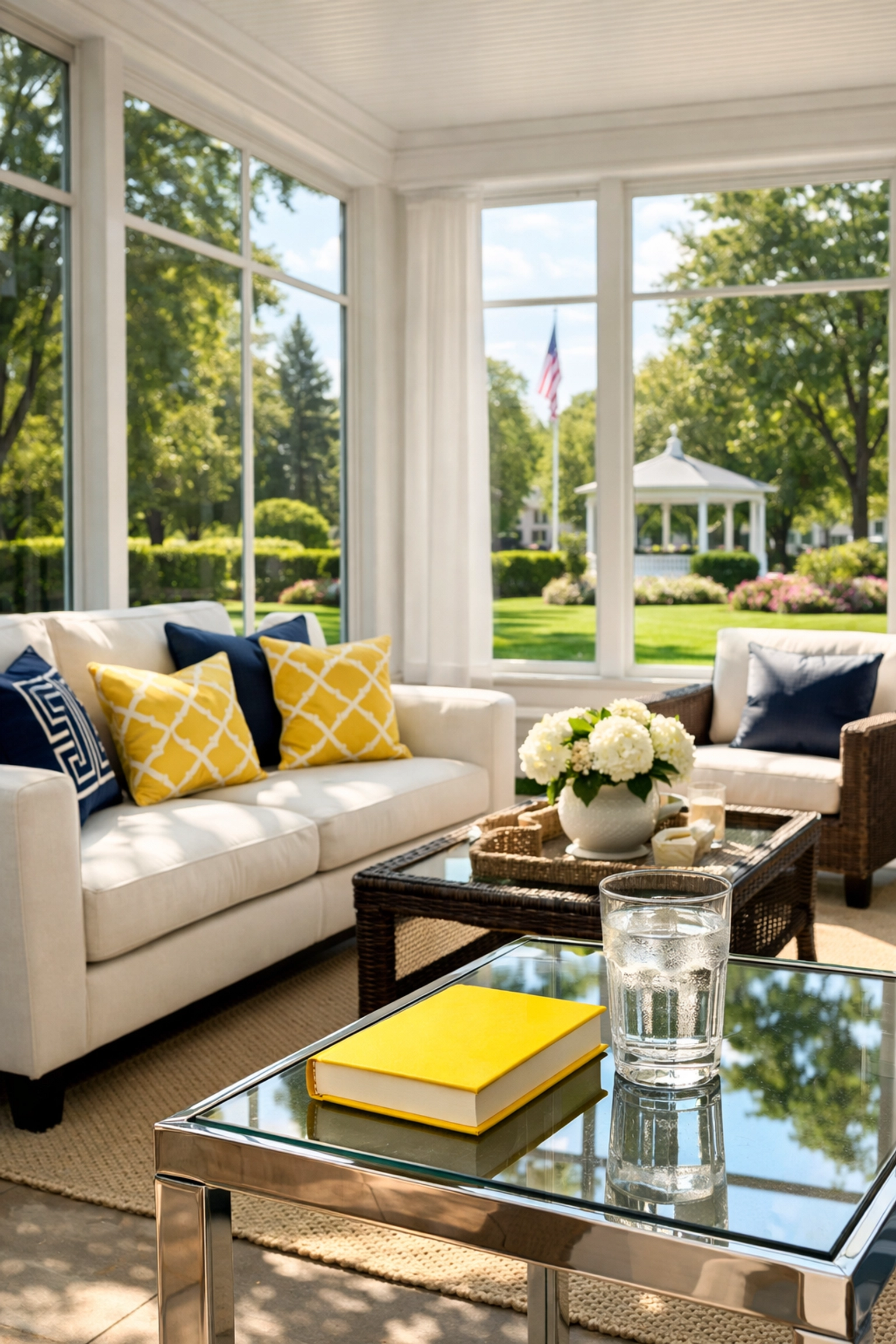 Serene Winchester sunroom with a clean garden view, offering stress relief through professional luxury cleaning.