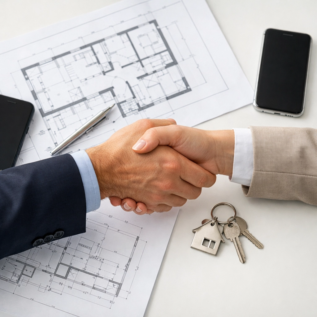 Houston real estate professionals shaking hands with blueprints and contracts on desk