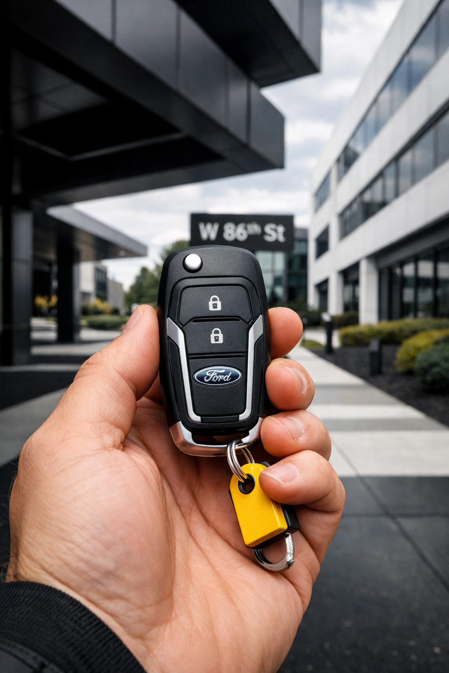 New Ford Transit flip-key fob held in front of an Indianapolis business park on West 86th Street.