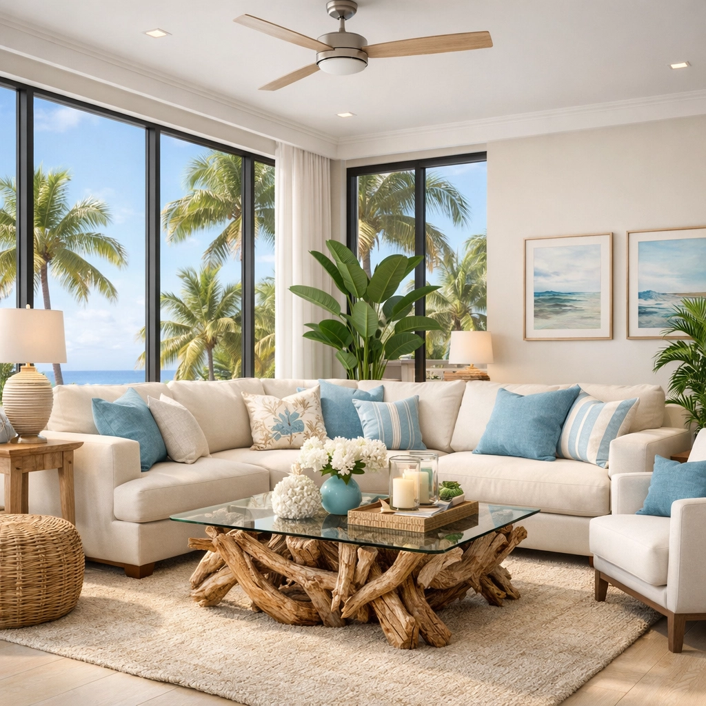Virtually staged Florida living room with coastal decor and natural light for real estate listing