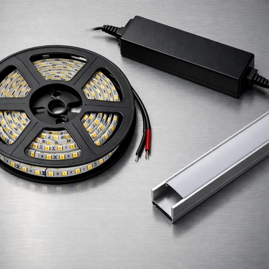 Premium ruban LED tape light reel and professional power driver for high-end custom lighting projects.