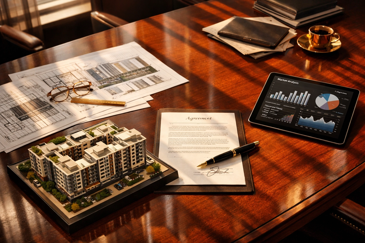 Real estate syndication documents and architectural plans for commercial property investment