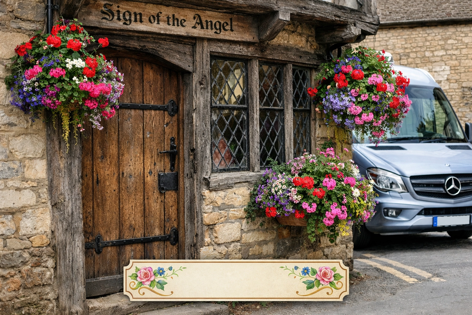Close-up of a timber-framed historic building in Lacock with a Silver Blue minibus parked nearby on a charming street.