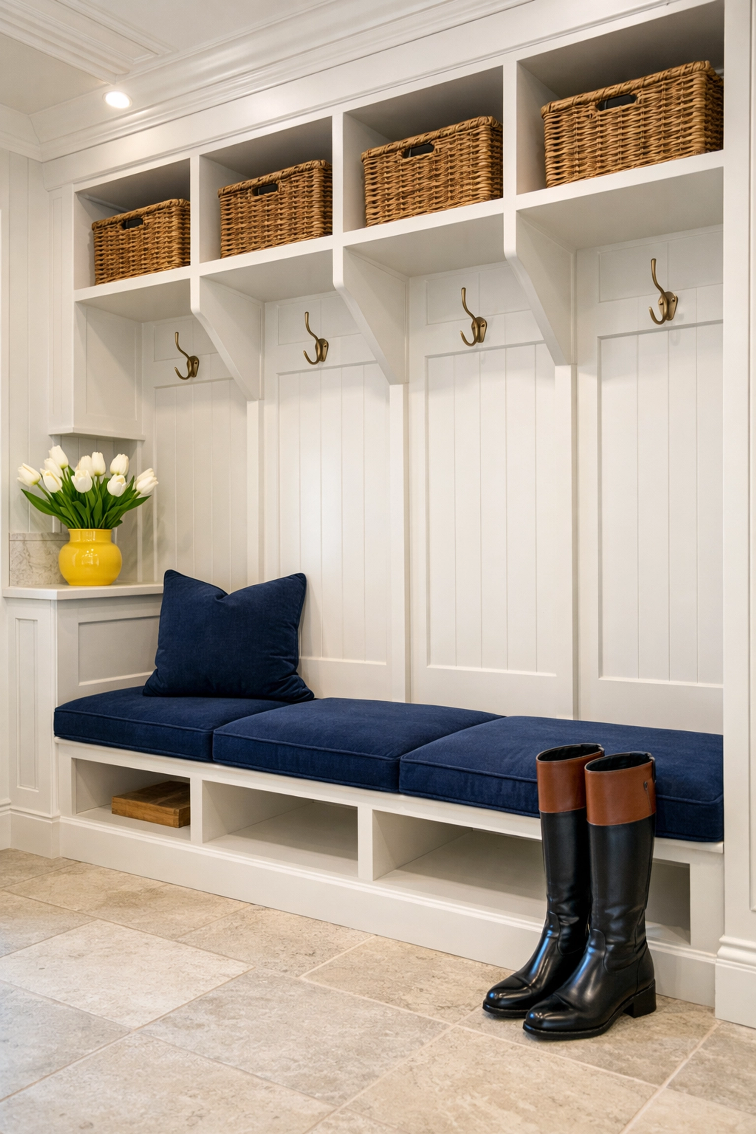 Organized Norwell estate mudroom with clean stone floors after a professional ninja cleaning.
