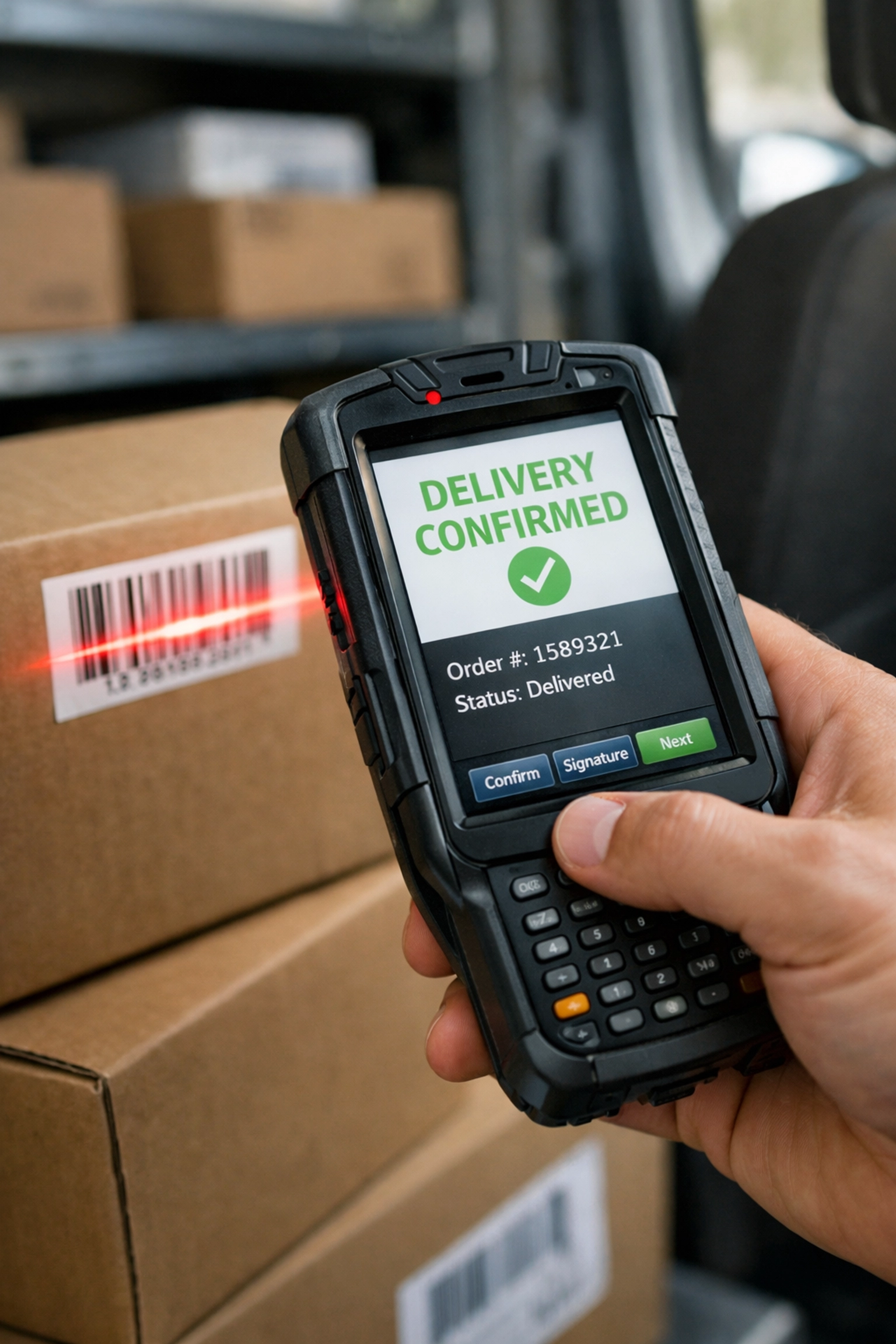 Delivery driver scanning parcel barcode for tracking confirmation