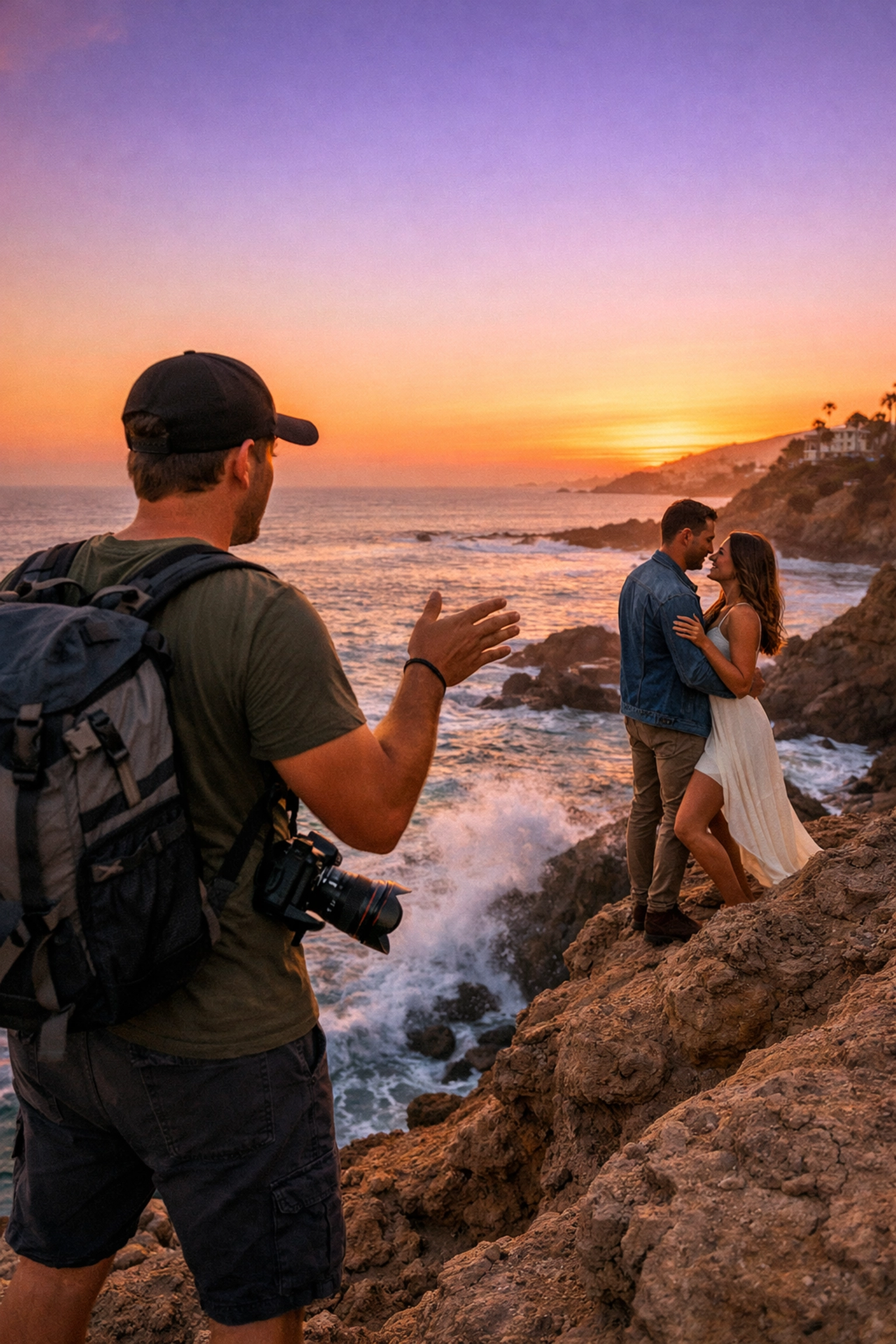 Travel photographer capturing an adventure session at sunset in Laguna Beach, a top photo spot for travelers.