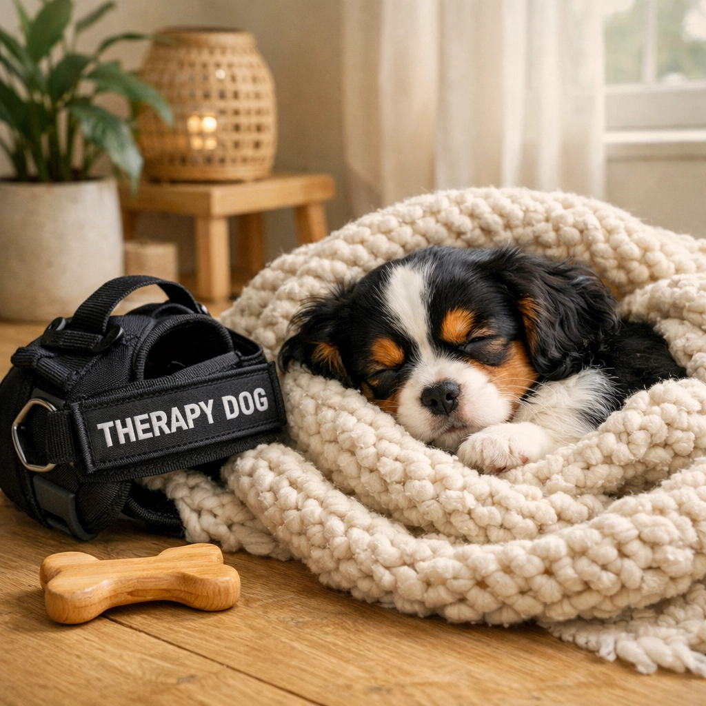 A tri-color puppy from an AKC Cavalier King Charles breeder Boring Oregon resting in a caring home.