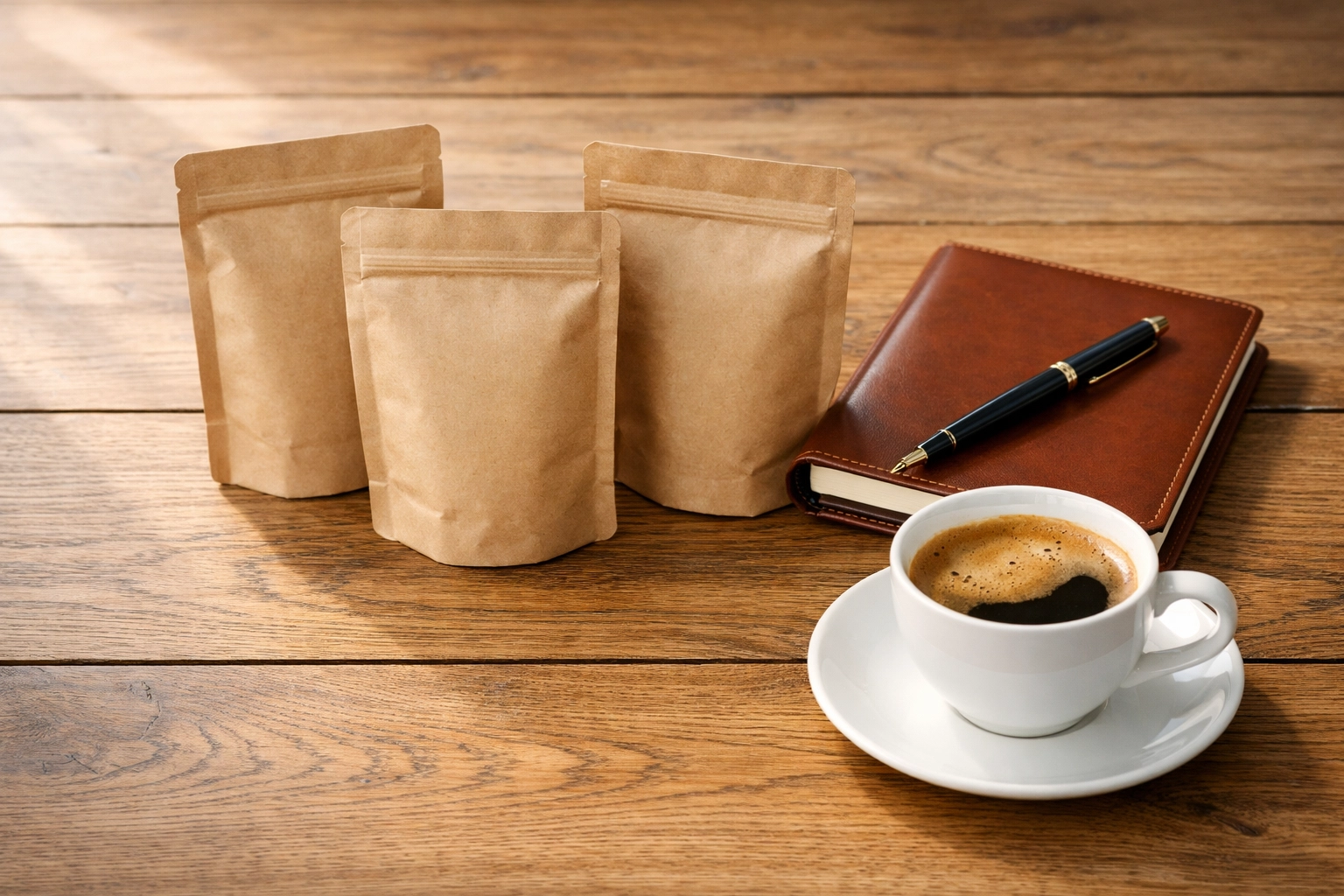 Specialty coffee samples and a business notebook for building wholesale coffee roaster partnerships.