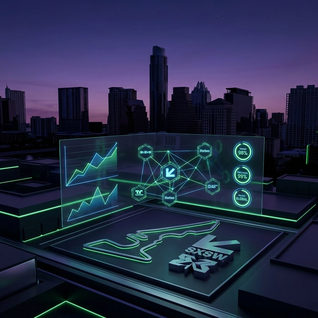 Austin skyline with event PR metrics and brand activation data visualizations