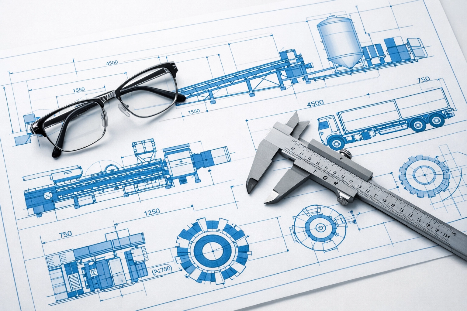 Industrial blueprints and calipers representing manufacturing and logistics cash flow solutions.