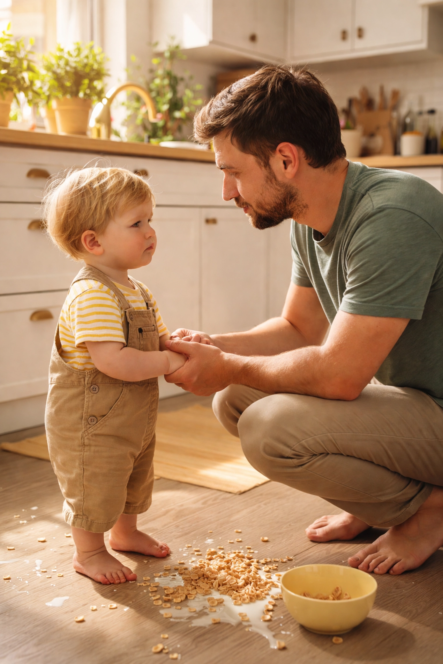 Father calmly connects with upset toddler at eye level in kitchen, illustrating co-regulation and gentle parenting.