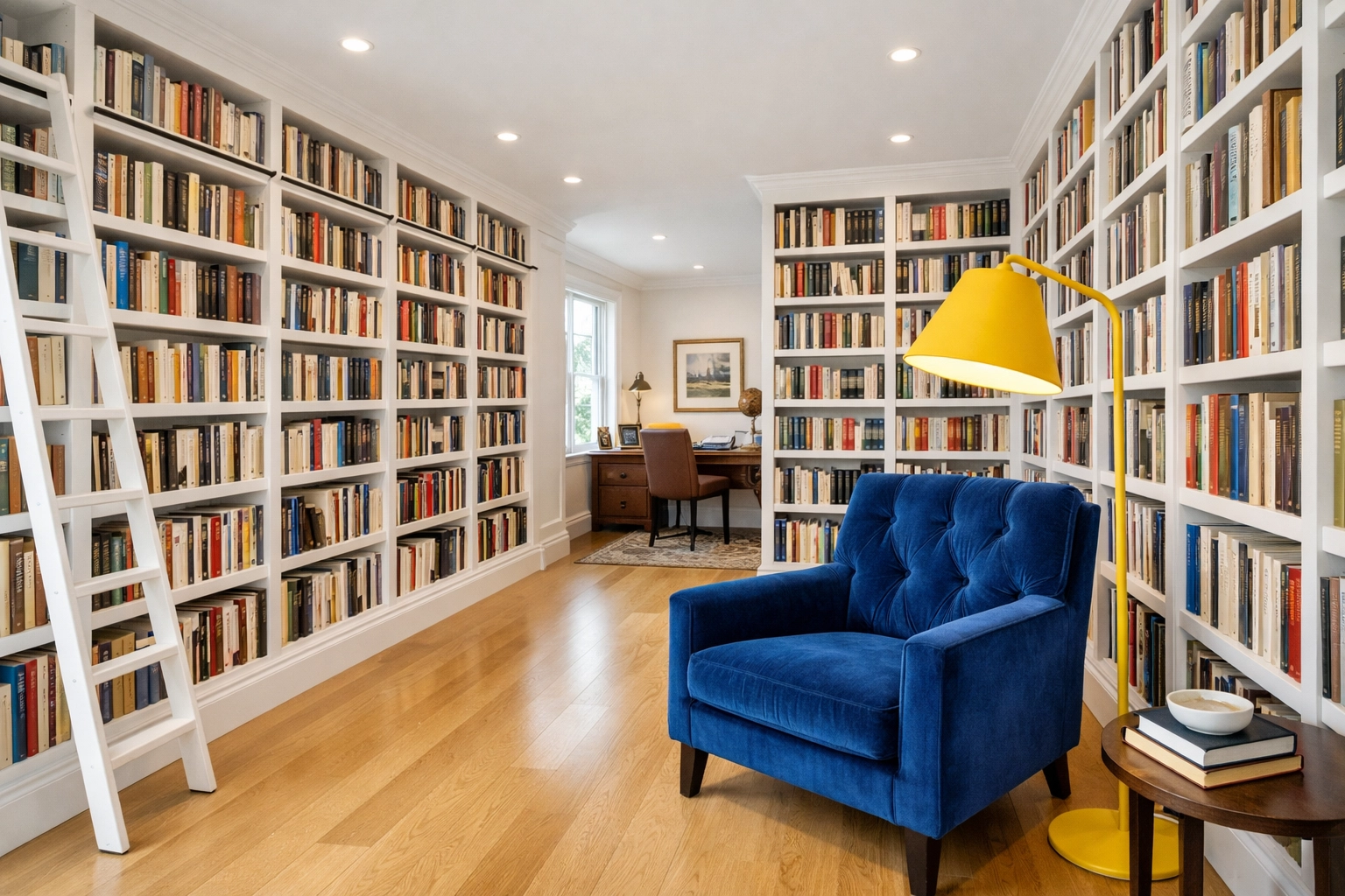 Dust-free home library highlighting detailed deep house cleaning in Cambridge for bookshelves and furniture.