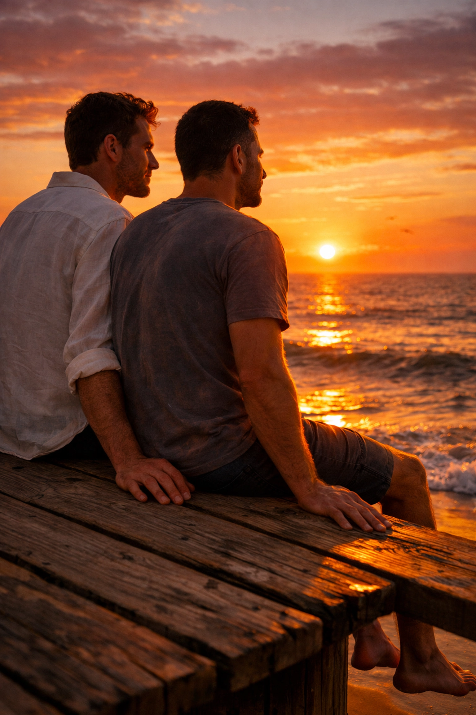 Two men watching sunset together on Poodle Beach boardwalk during summer in Rehoboth