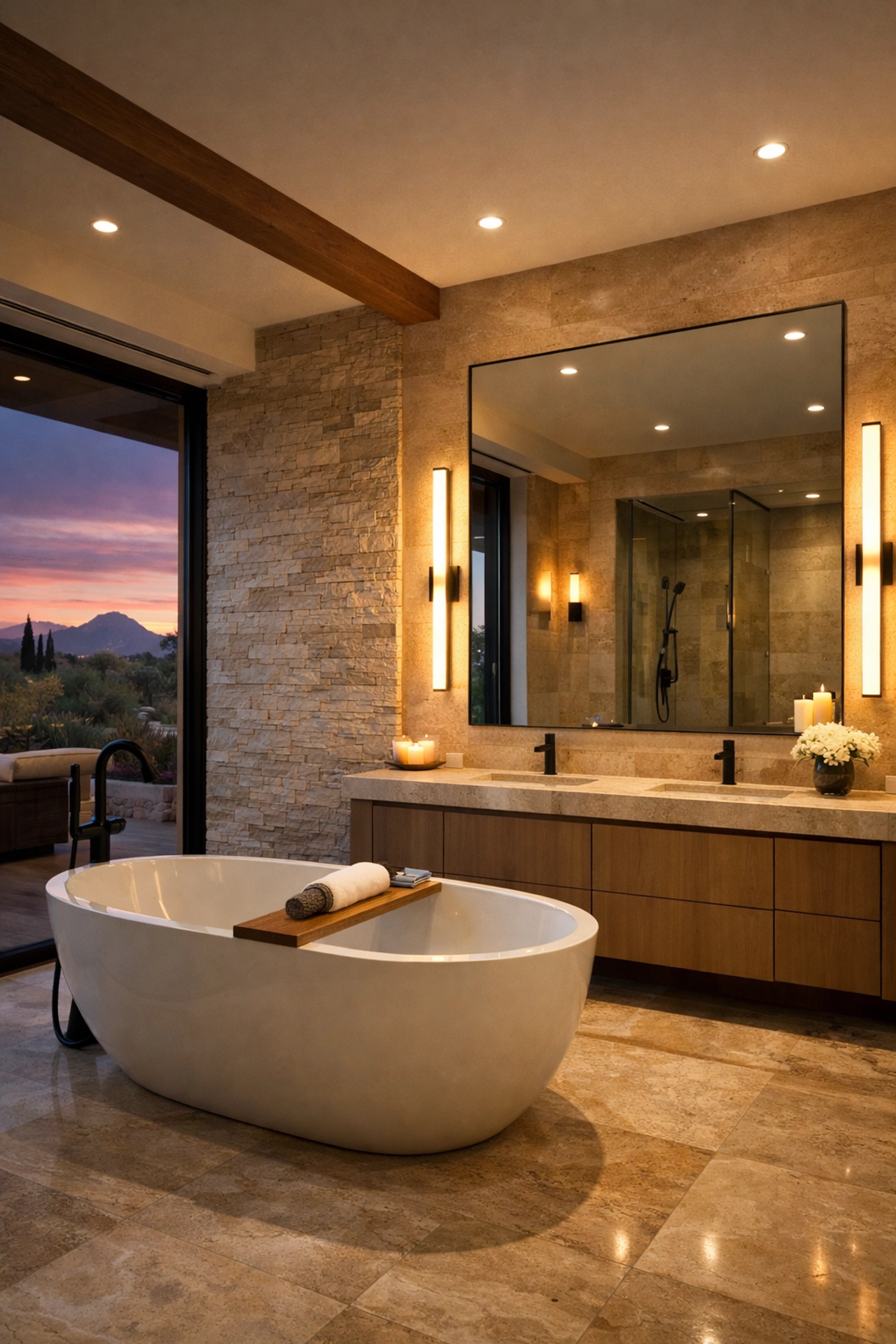 Luxury Scottsdale bathroom remodel featuring designer LED sconces and professional electrical lighting design.