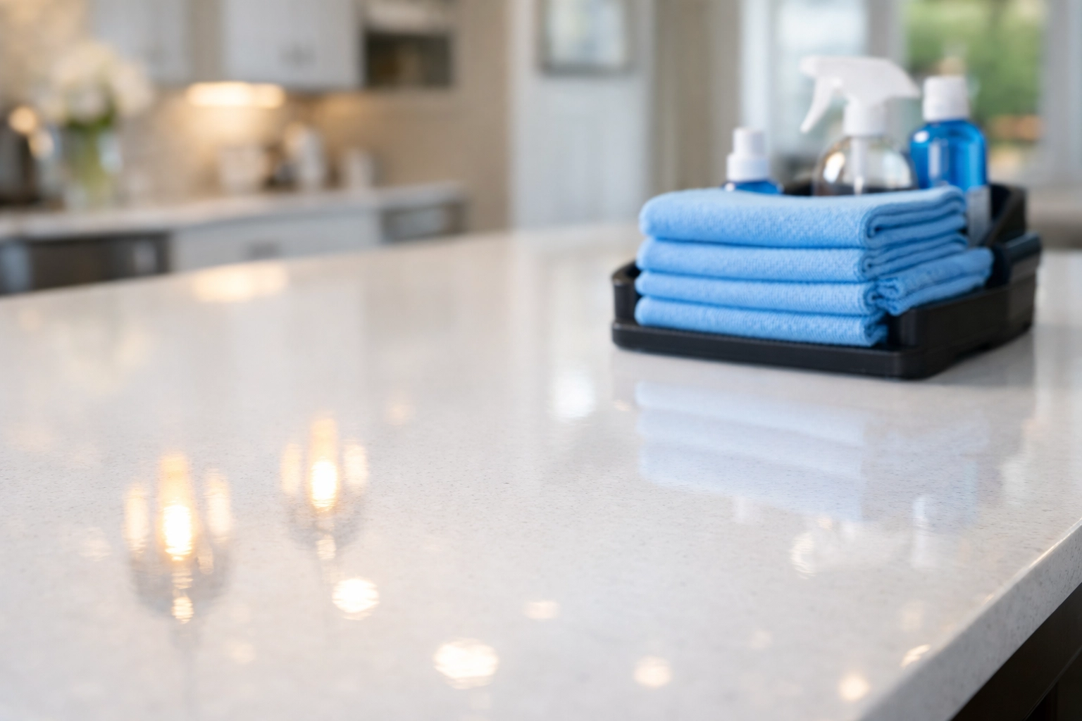 Deep cleaning of a white quartz kitchen island by professional cleaners in a luxury Massachusetts estate.