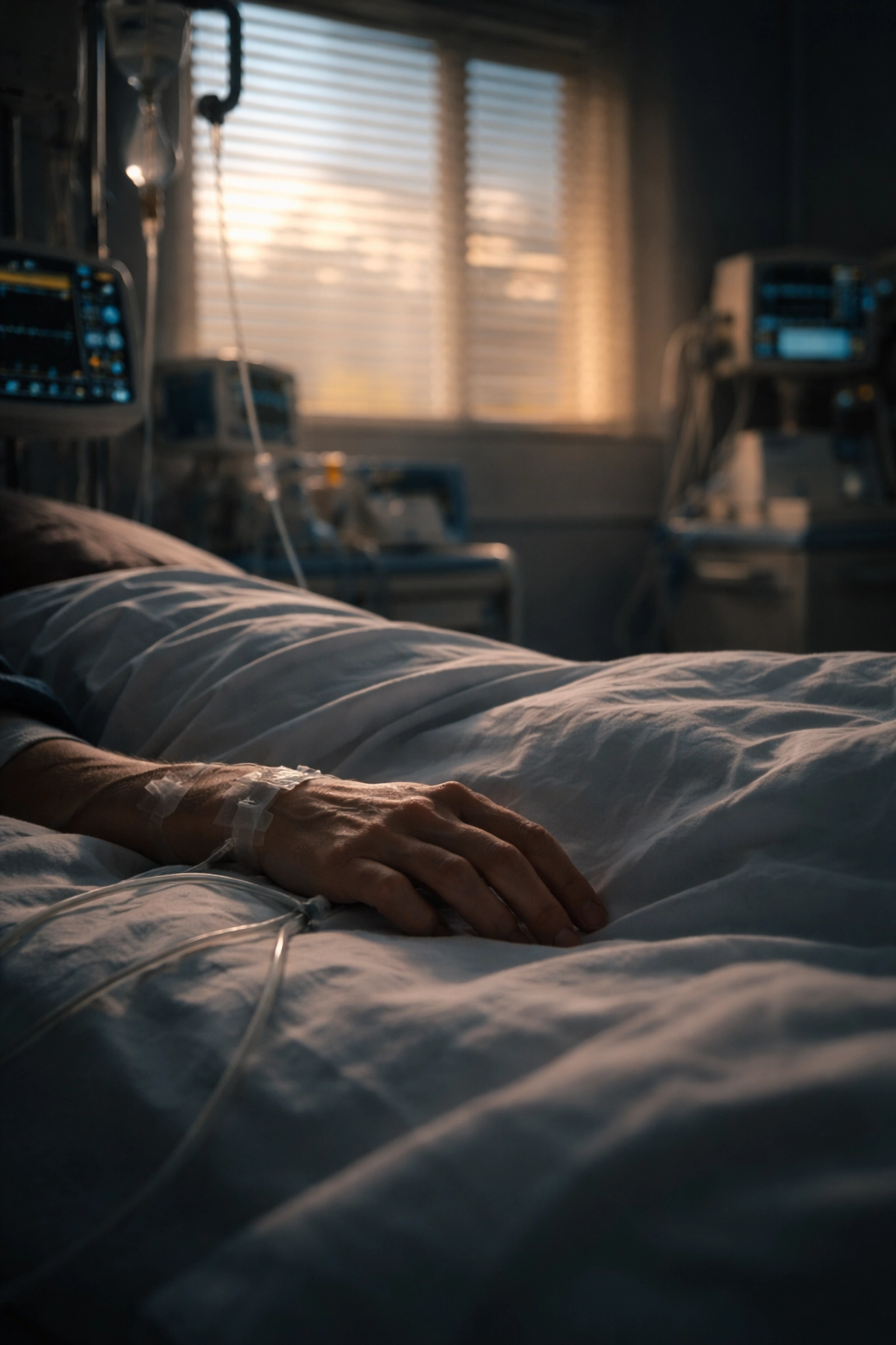 Patient resting in ICU hospital bed at dawn, symbolizing the disorientation after waking from a coma