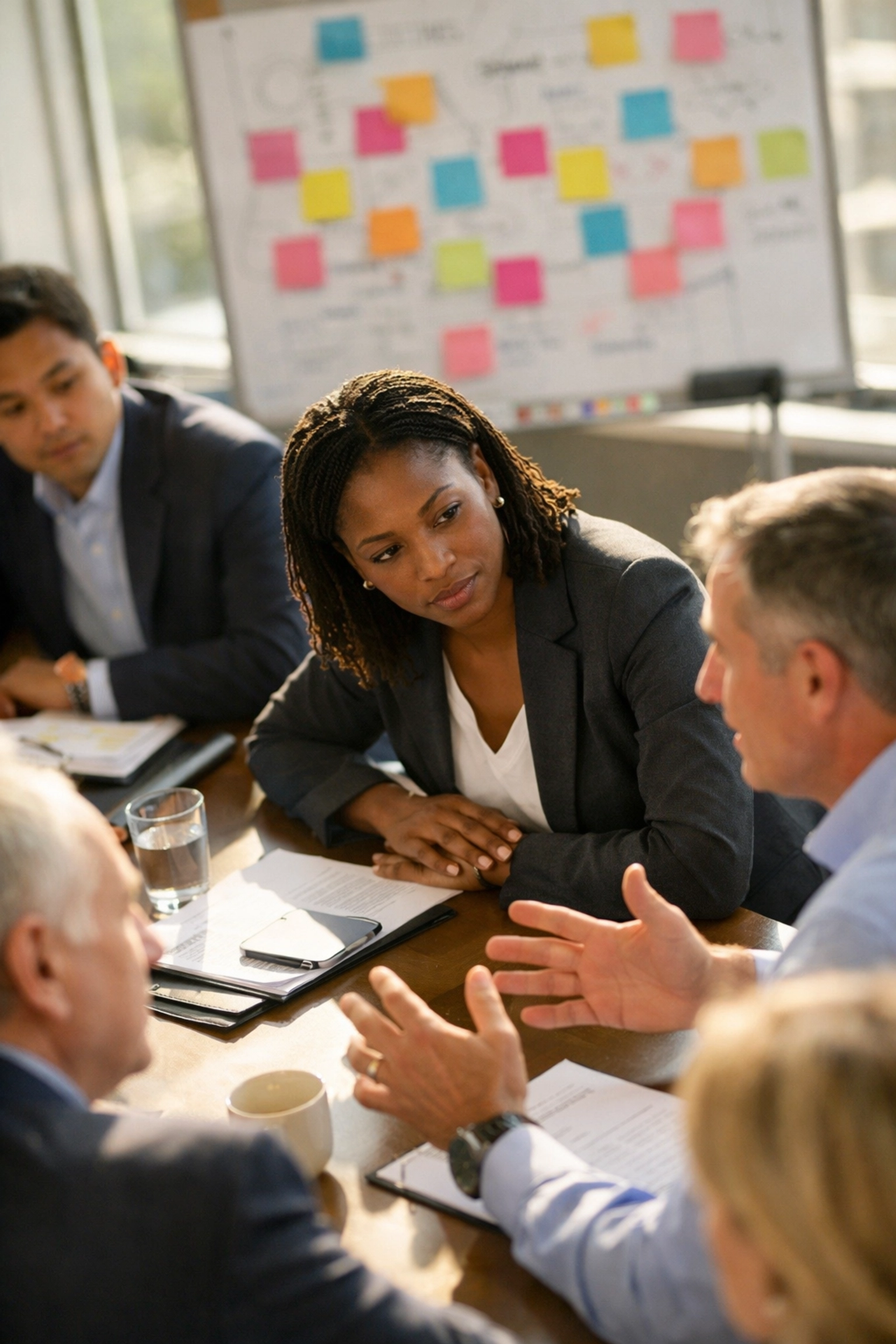 Diverse executive team practicing generative facilitation to turn conflict into innovation during a summit.