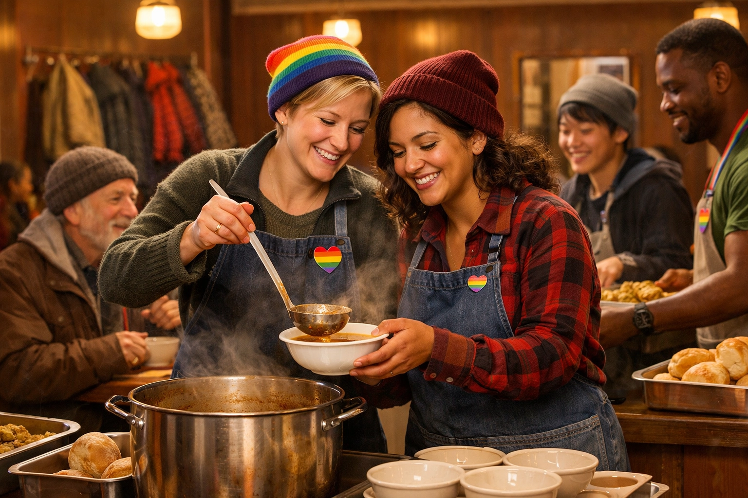 LGBTQ+ volunteers serving hot meals at community dinner during winter