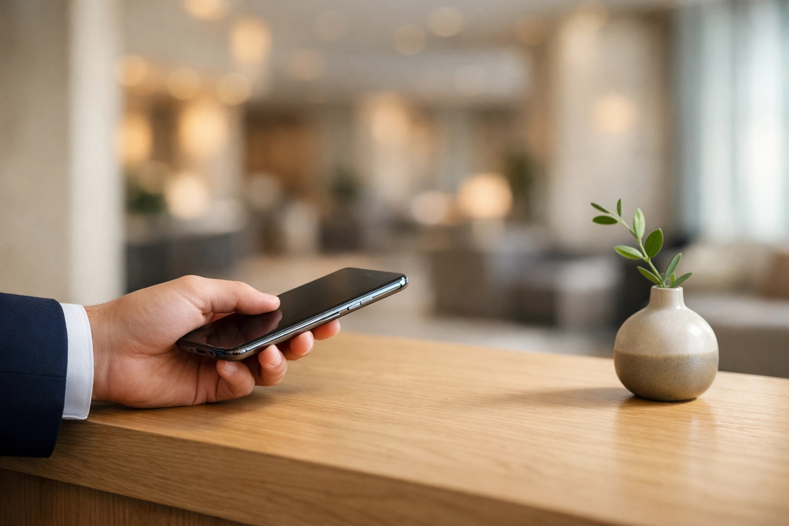 Contactless payment via smartphone at a hotel reception, reflecting hospitality trends 2026.