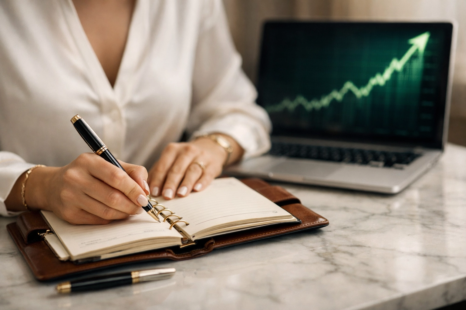 Executive marketing strategy session showing a laptop with upward B2B revenue growth trends.