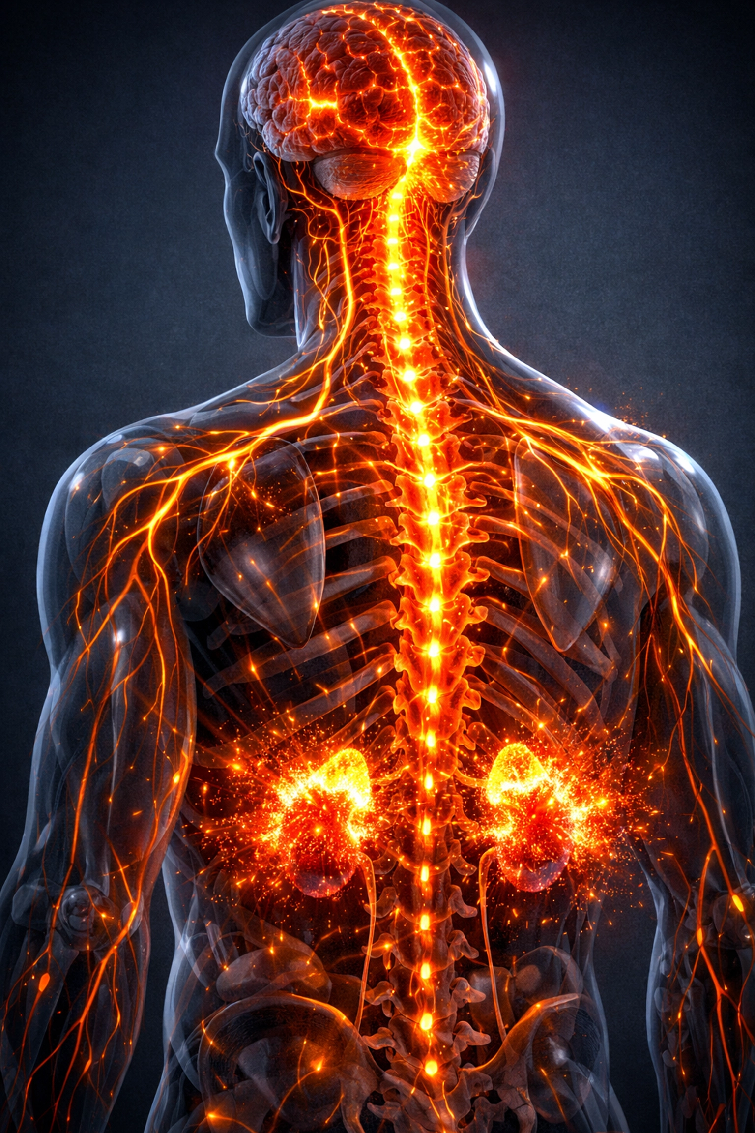 Anatomical view of the human nervous system glowing with chronic stress and HPA axis activation.