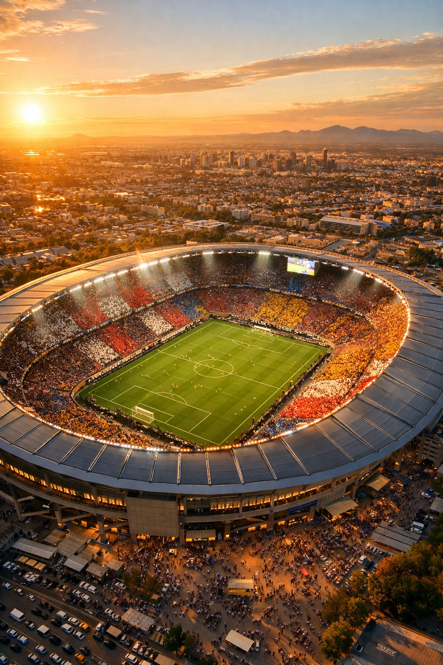 Packed football stadium during international tournament match viewed from above