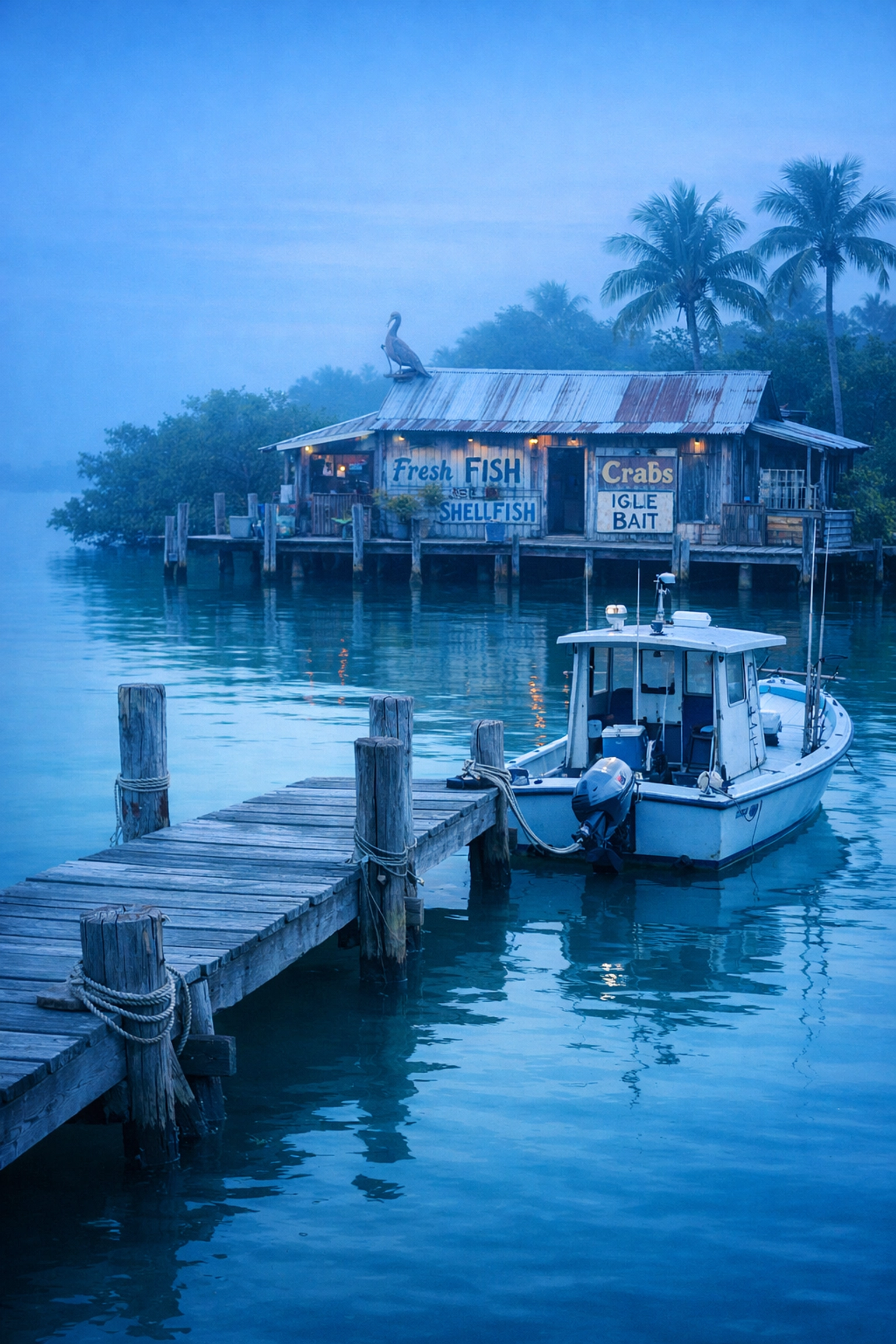 Pine Island waterfront with rustic dock and fishing boat showcasing Old Florida coastal lifestyle